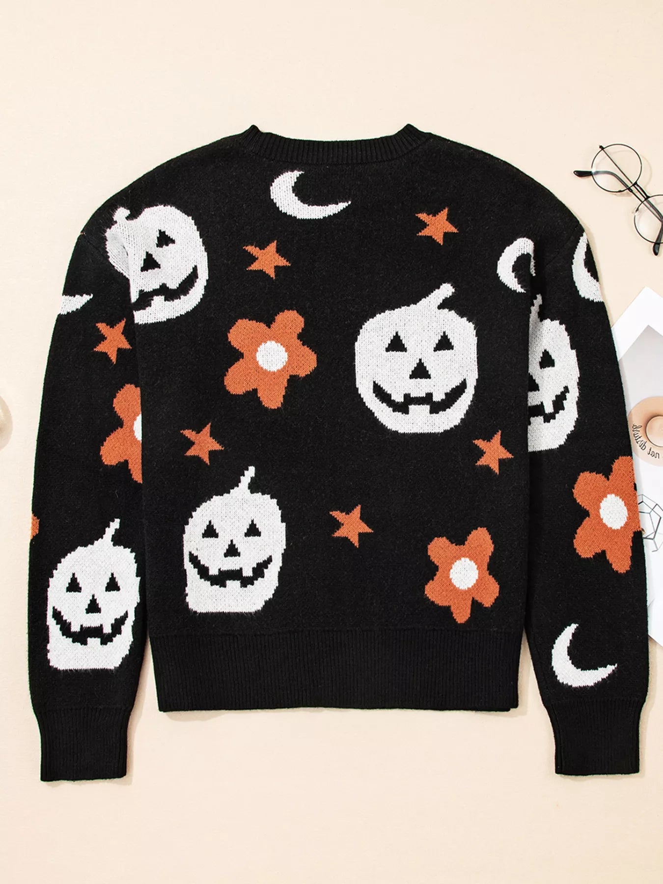 Halloween Gothic Pattern Long Sleeve Sweater OutfitFlow