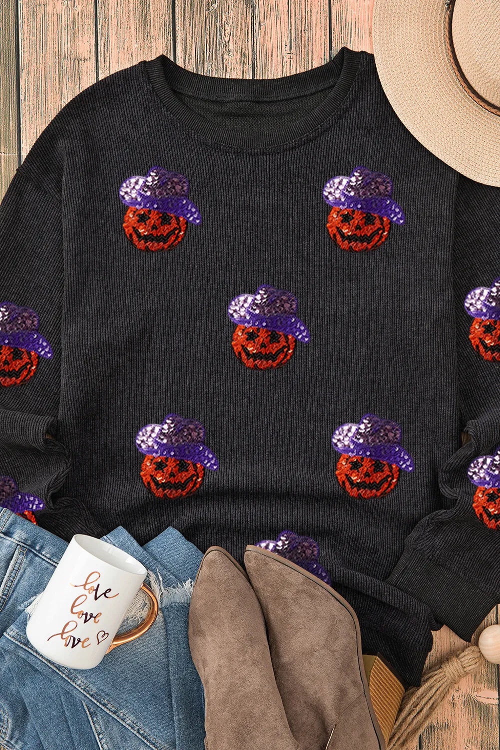 Sequin Pumpkin Long Sleeve Sweatshirt OutfitFlow
