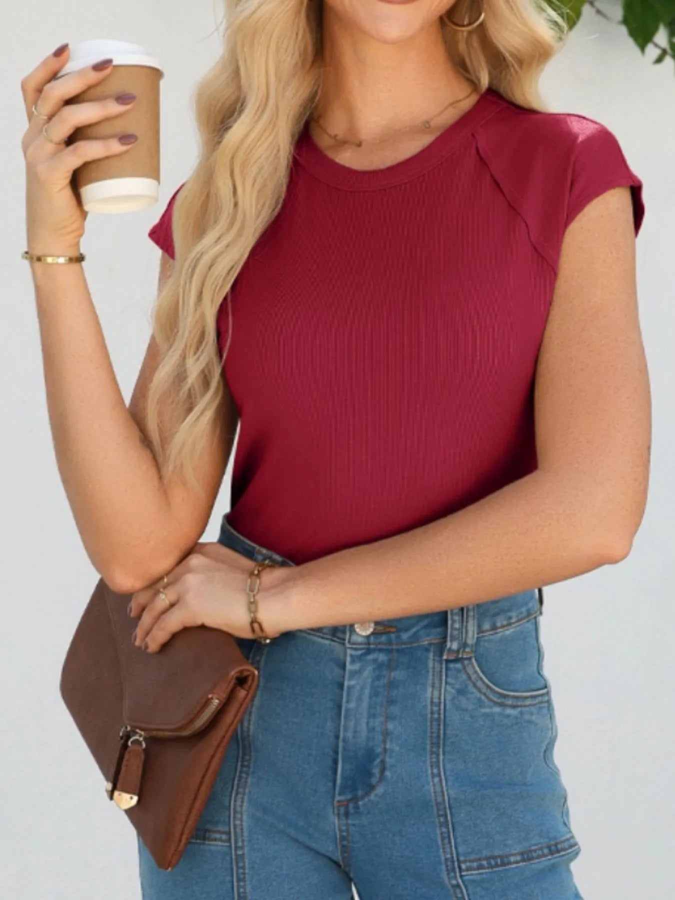 Round Neck Cap Sleeve T-Shirt OutfitFlow