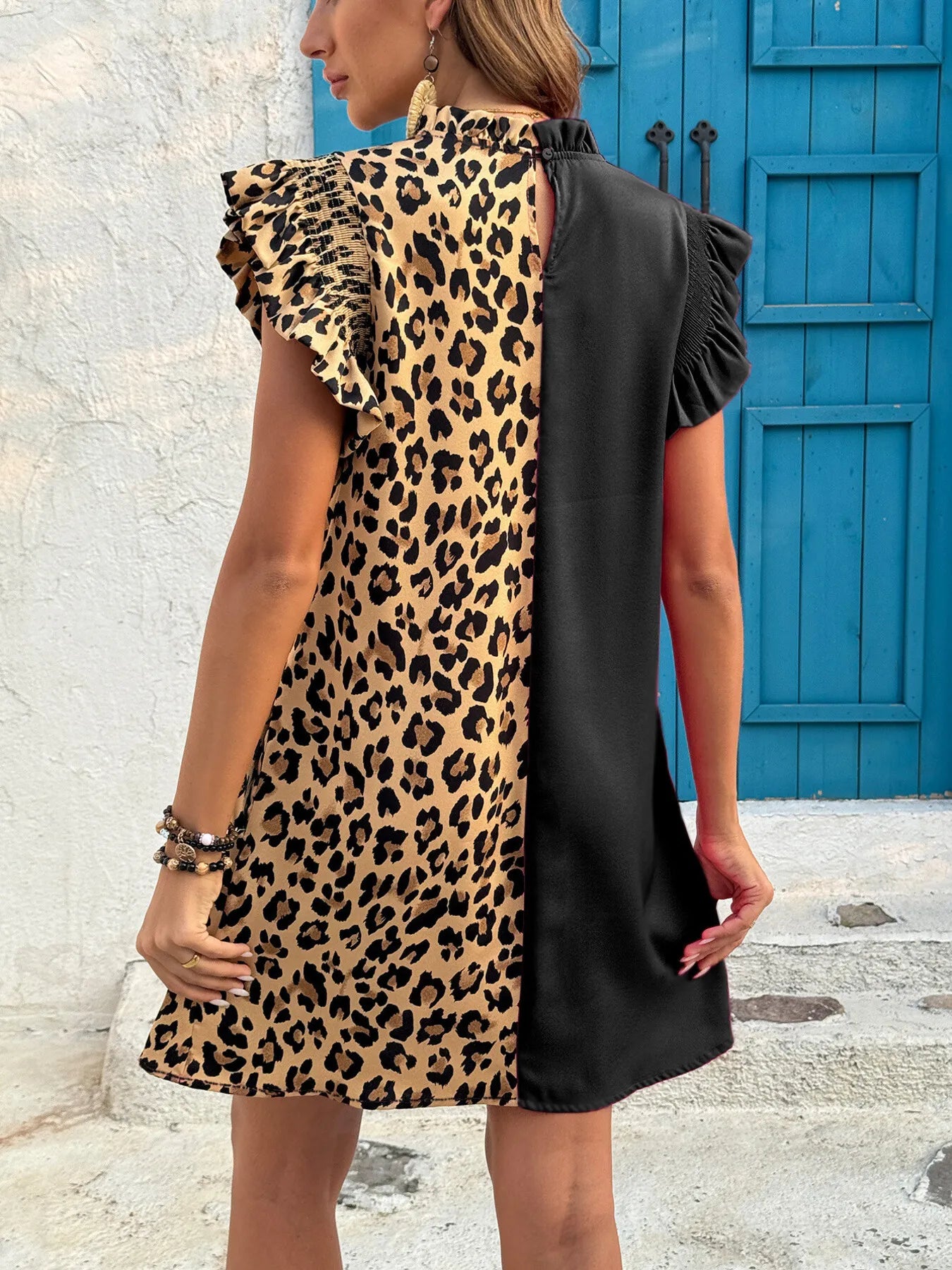 Leopard Color Block Ruffle Sleeve Dress OutfitFlow