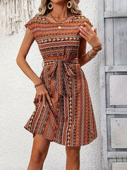 Printed Round Neck Cap Sleeve Dress OutfitFlow