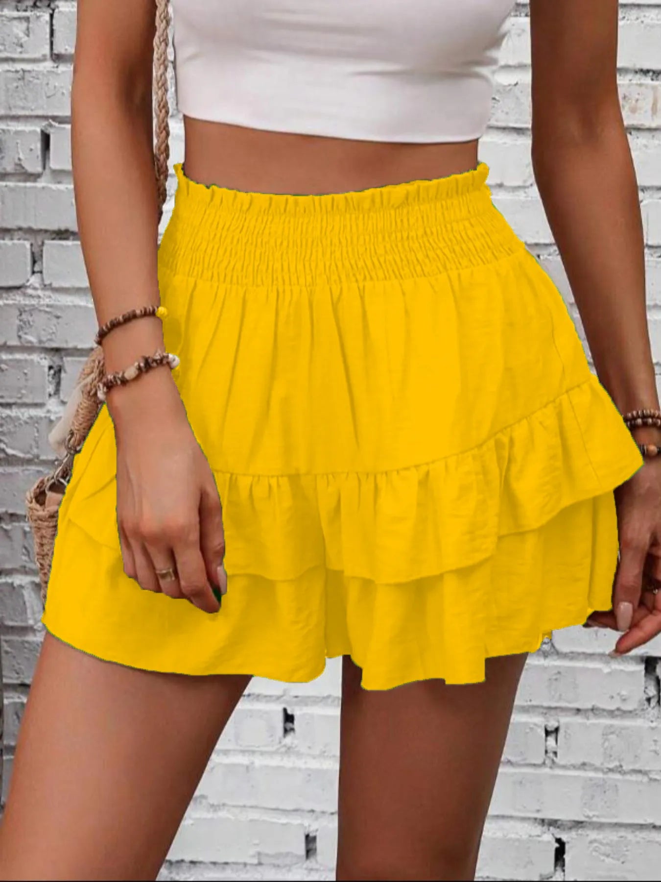 Ruffle Layered High Waist Casual Skort Yellow OutfitFlow