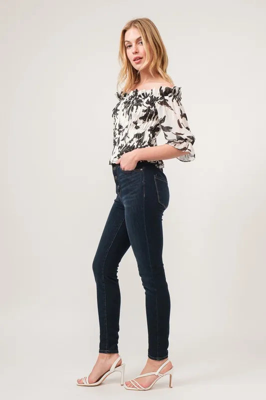 And The Why Smocked Off-Shoulder Floral Printed Top OutfitFlow
