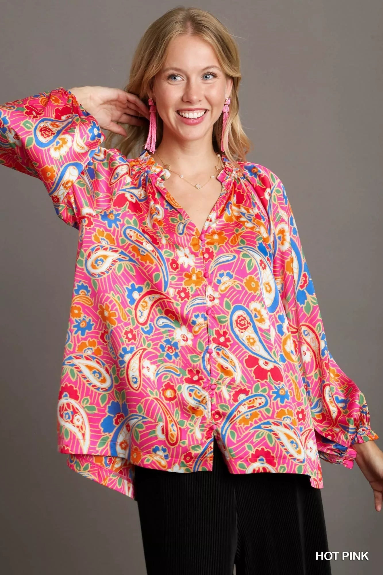 Umgee Full Size Satin Paisley Ruffle Neck Button-Up Shirt Plus Size Hot Pink Trendsi
