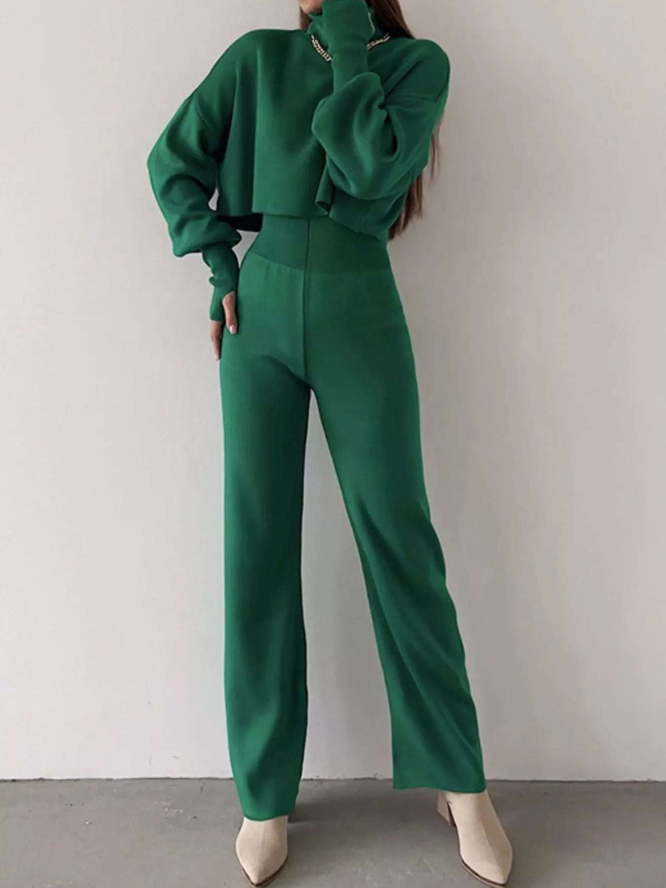 Turtleneck Long Sleeve Top & Pants Set OutfitFlow