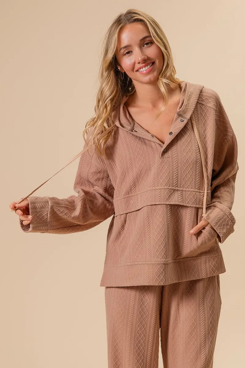BiBi Textured Knit Buttoned Hoodie Top OutfitFlow