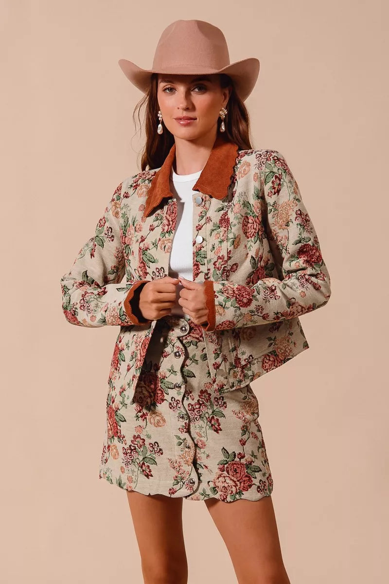 SO ME Floral Jacquard Button Front Mini Skirt with Scall Trendsi