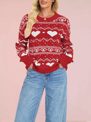 Heart & Bow Pattern Round Neck Sweater Red OutfitFlow