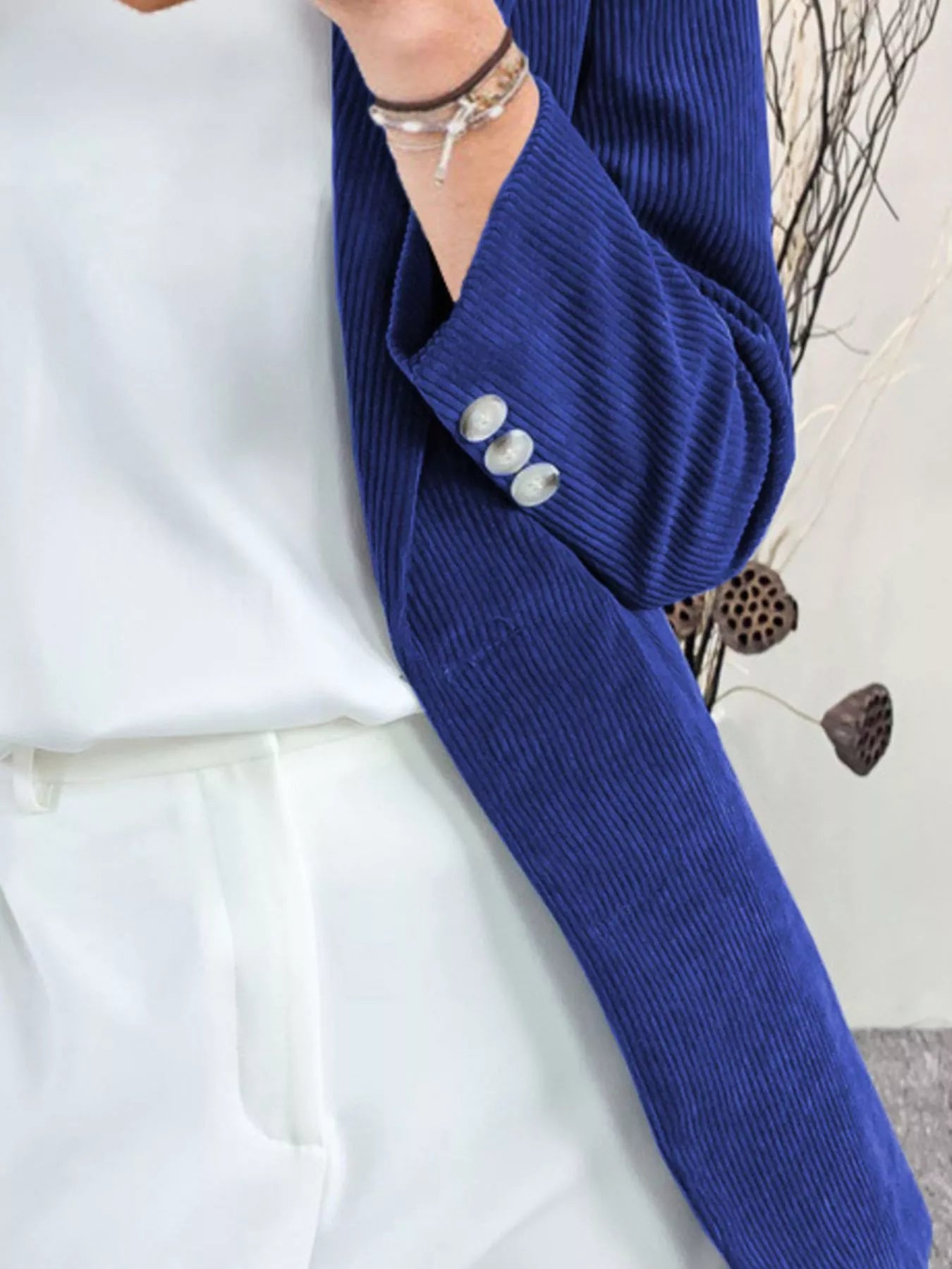 Full Size Corduroy Lapel Collar Casual Blazer Plus Size Trendsi