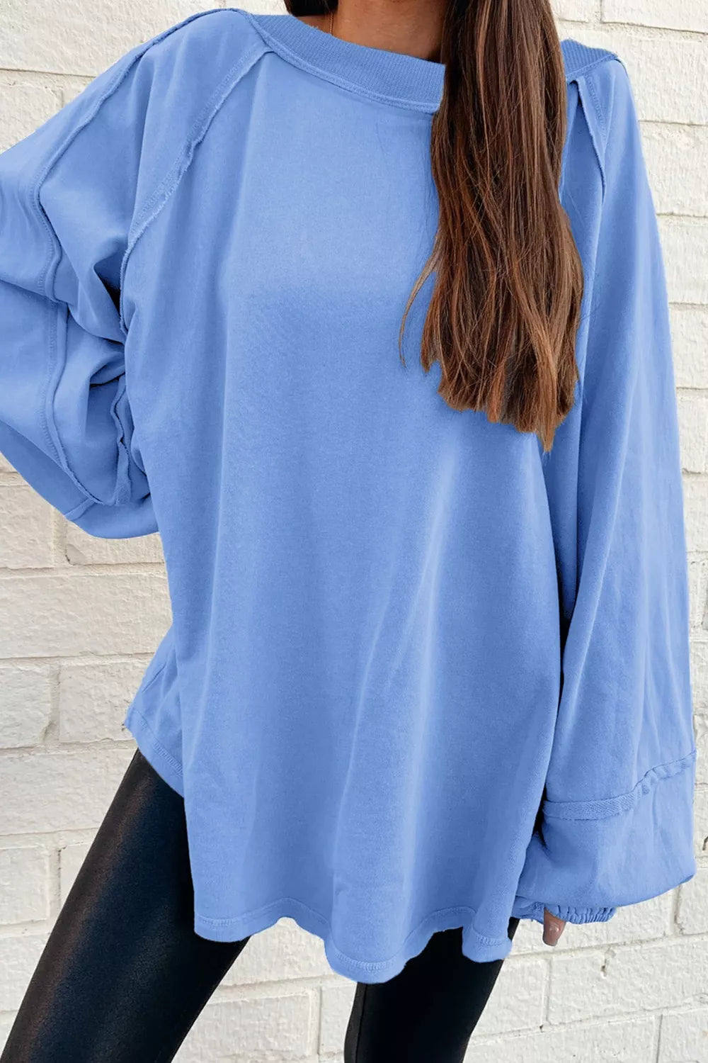 Oversized Washed Crewneck Sweatshirt Light Blue OutfitFlow