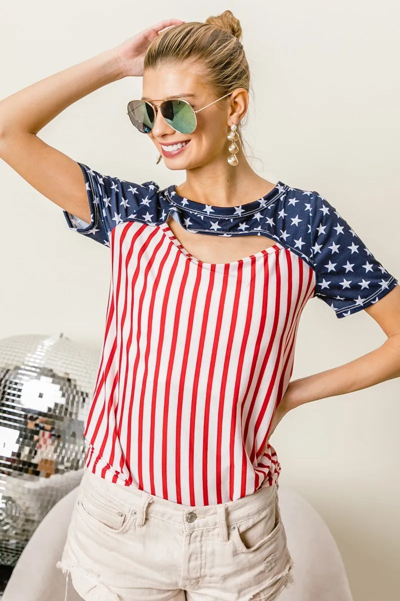 BiBi American Flag Theme Front Cut Out Top OutfitFlow