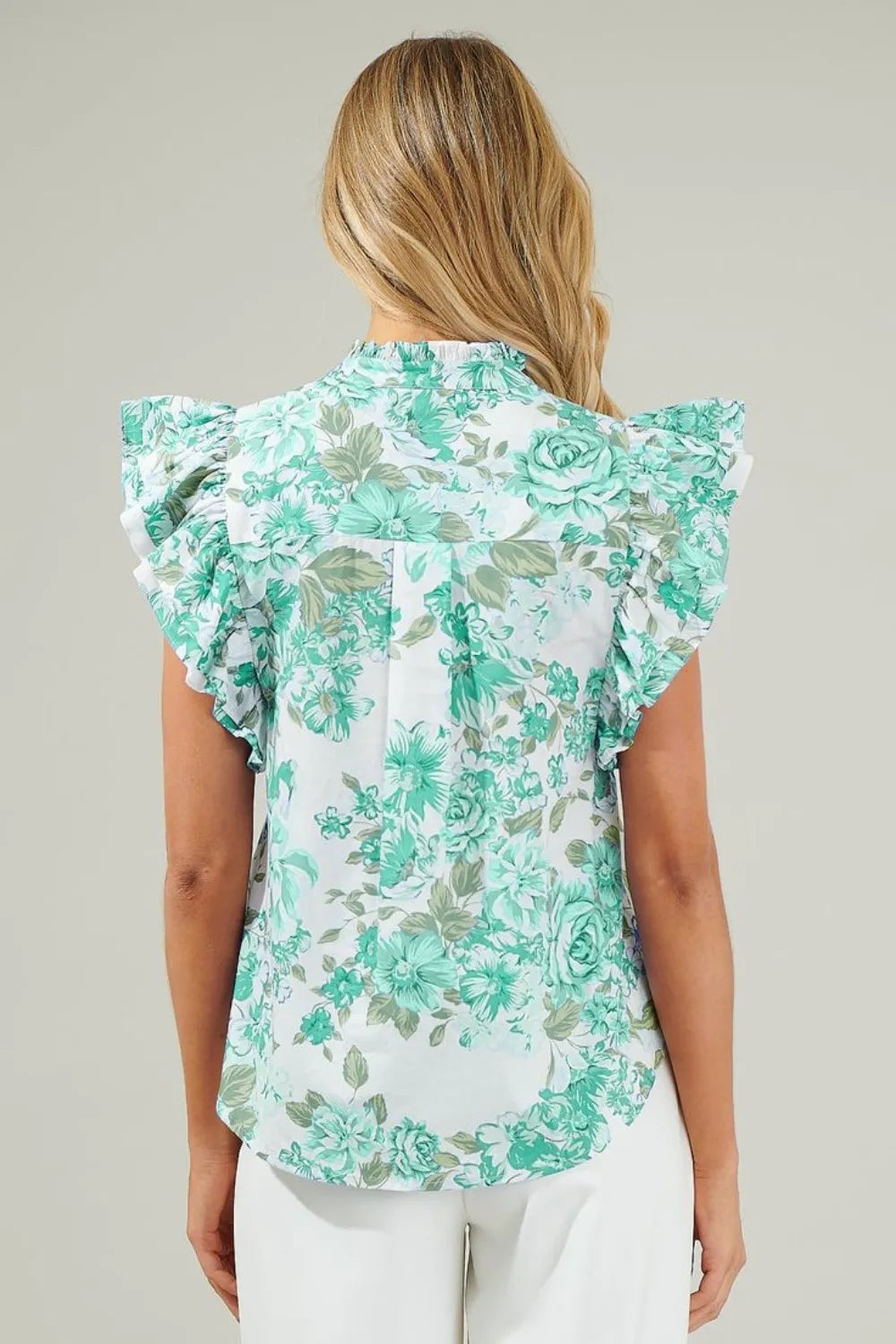 Printed Ruffled Sleeve Button-Up Blouse OutfitFlow
