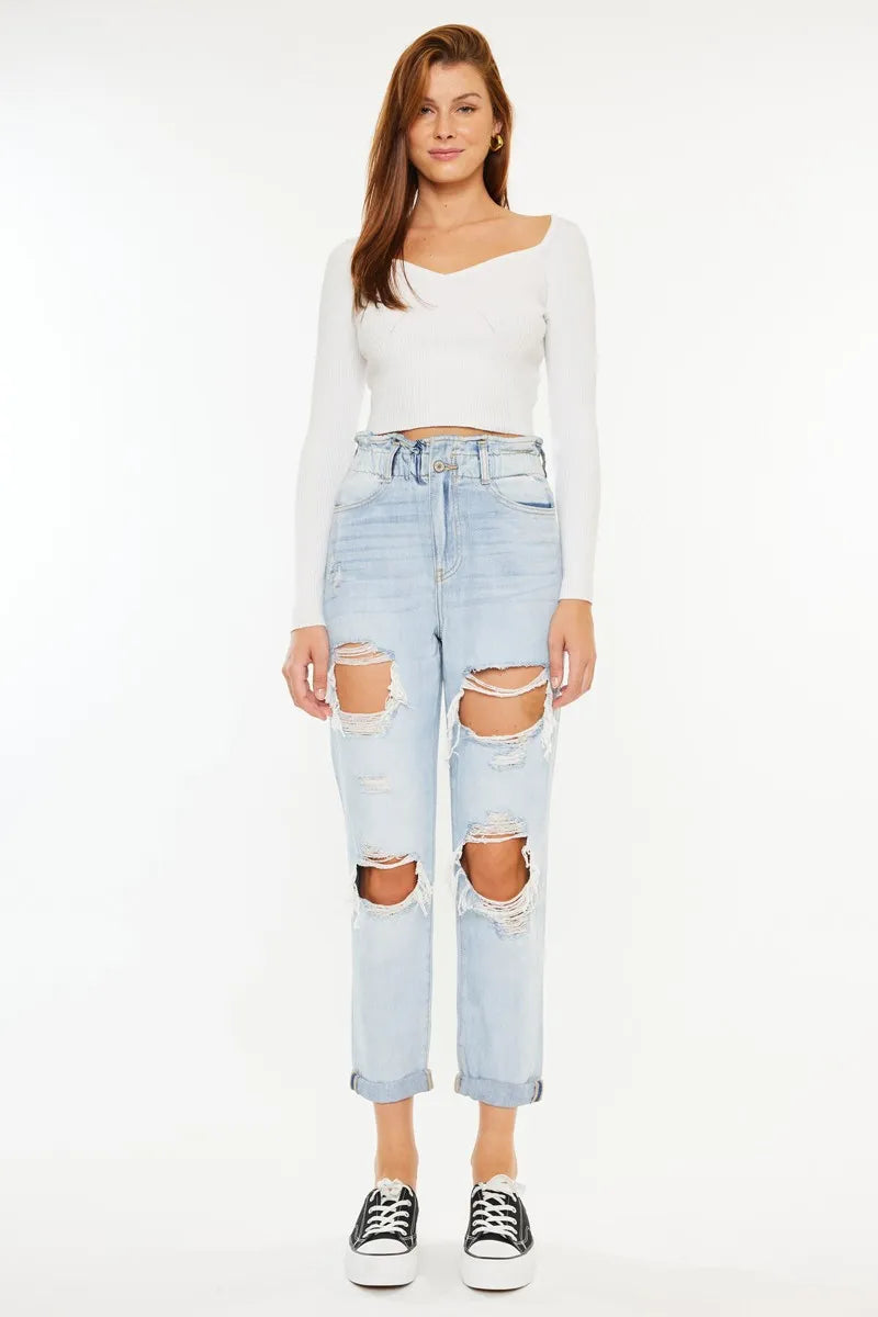 Kancan Open Pack Paperbag Mom Jeans OutfitFlow