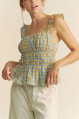 Davi & Dani Plaid Ruffled Strap Smocked Sleeveless Top OutfitFlow