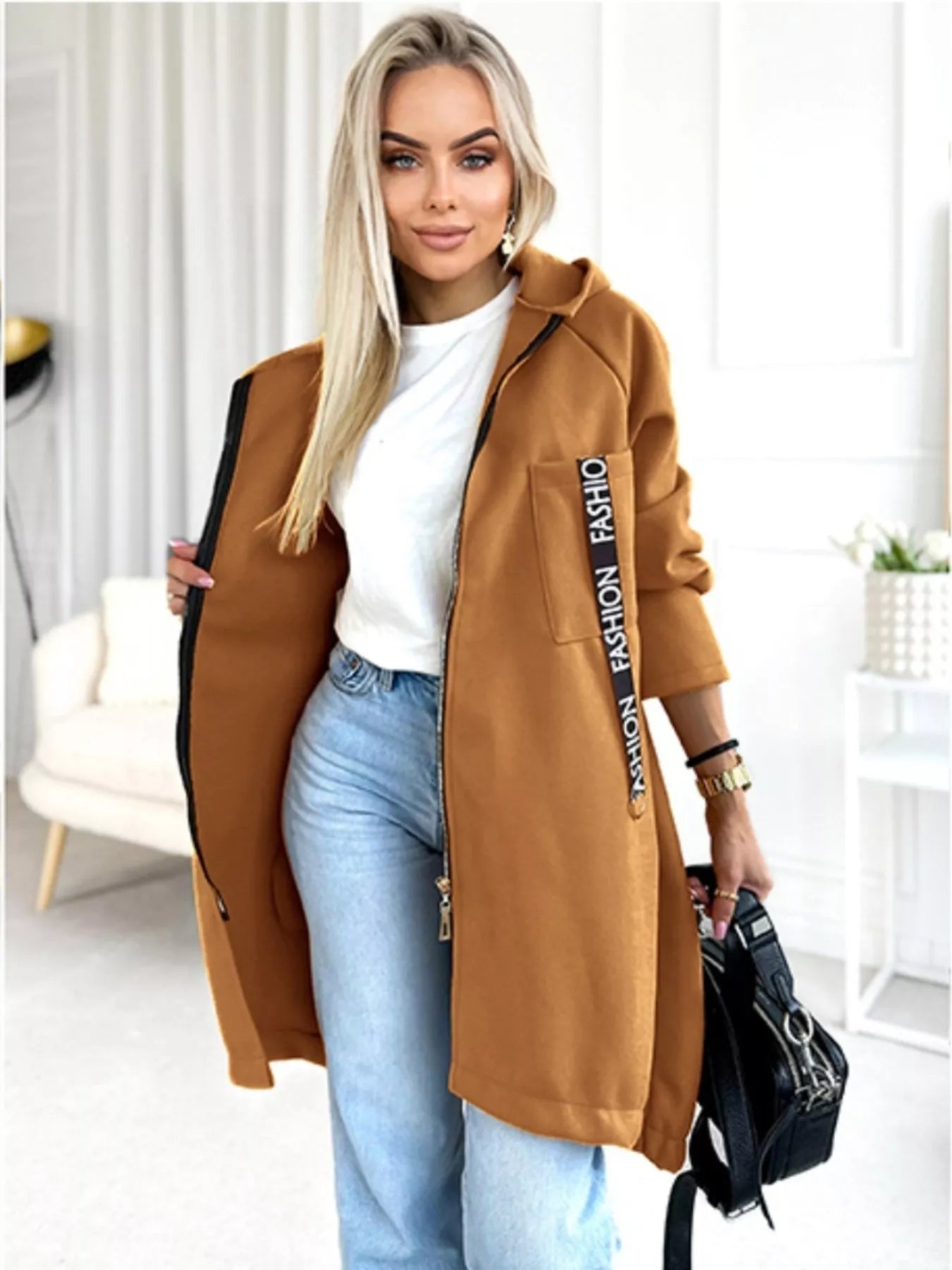 Full Size Zip Up Longline Hooded Outerwear Plus Size Khaki Trendsi