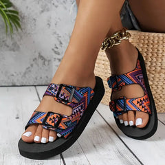 Ethnic Print Double Buckle Sandals Burgundy OutfitFlow
