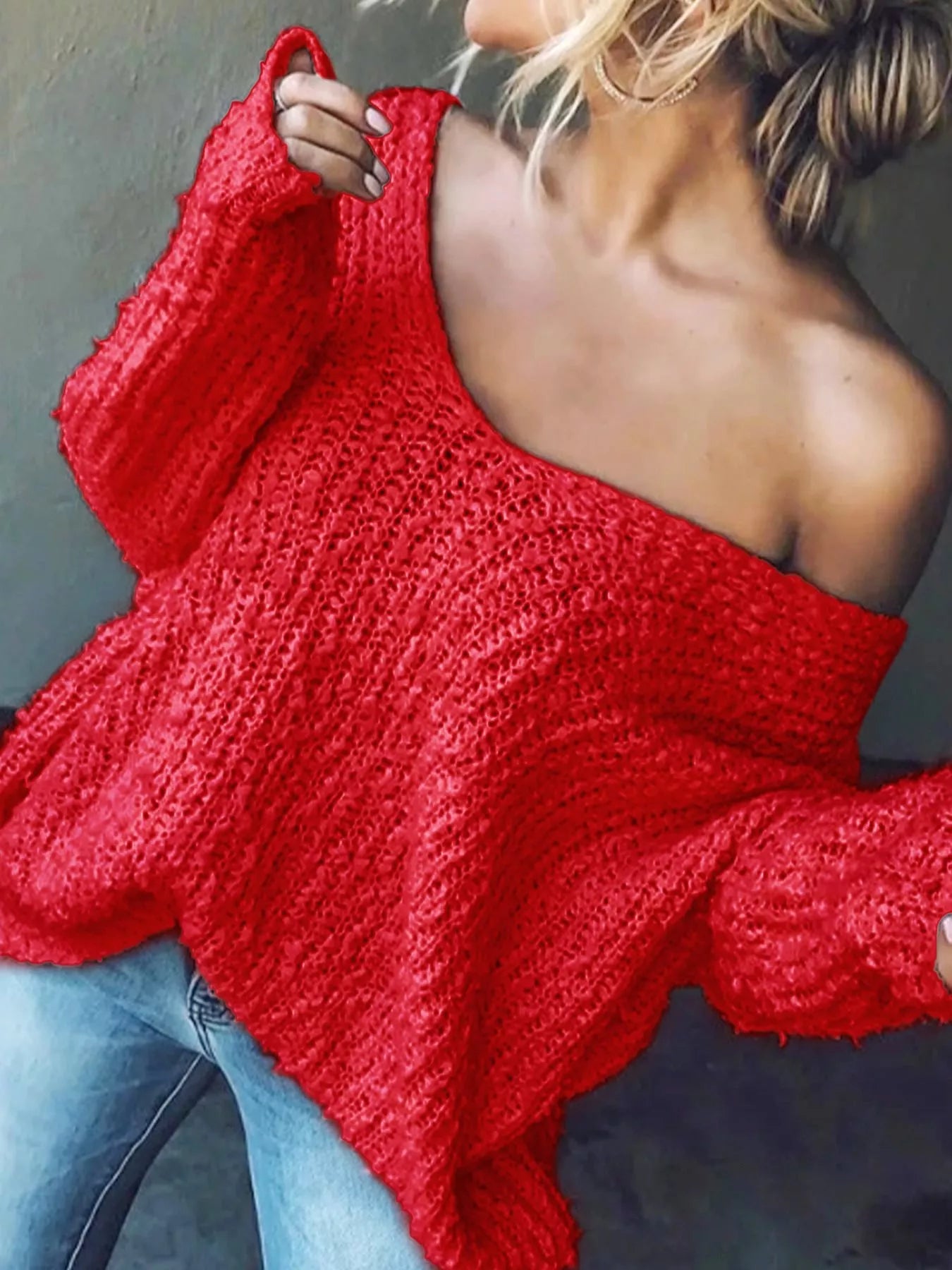 Loose Fit Long Sleeve Sweater Red OutfitFlow