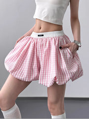 Plaid Elastic Waist Casual Shorts Pink OutfitFlow