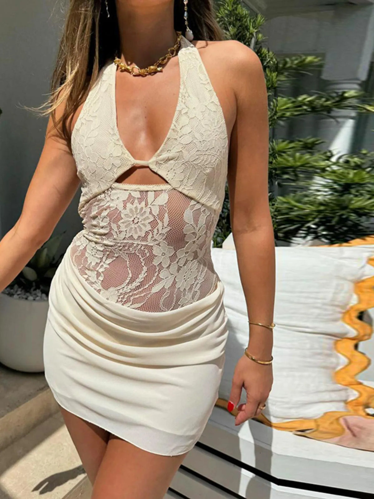 Lace Halter Neck Mini Dress Light Apricot OutfitFlow