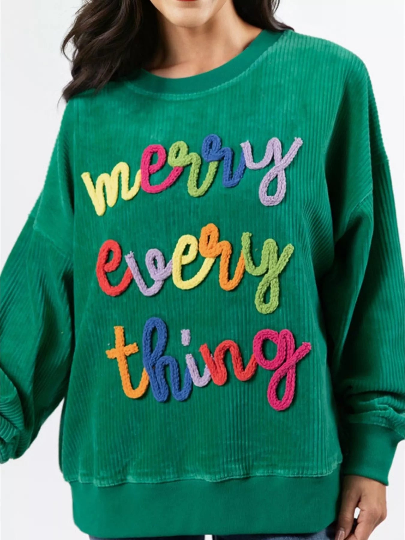 Merry Little Thing Corded Letter Graphic Ribbed Sweatshirt Dark Green OutfitFlow