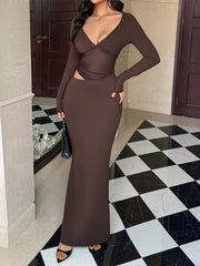 Cutout Long Sleeve Maxi Dress Brown OutfitFlow