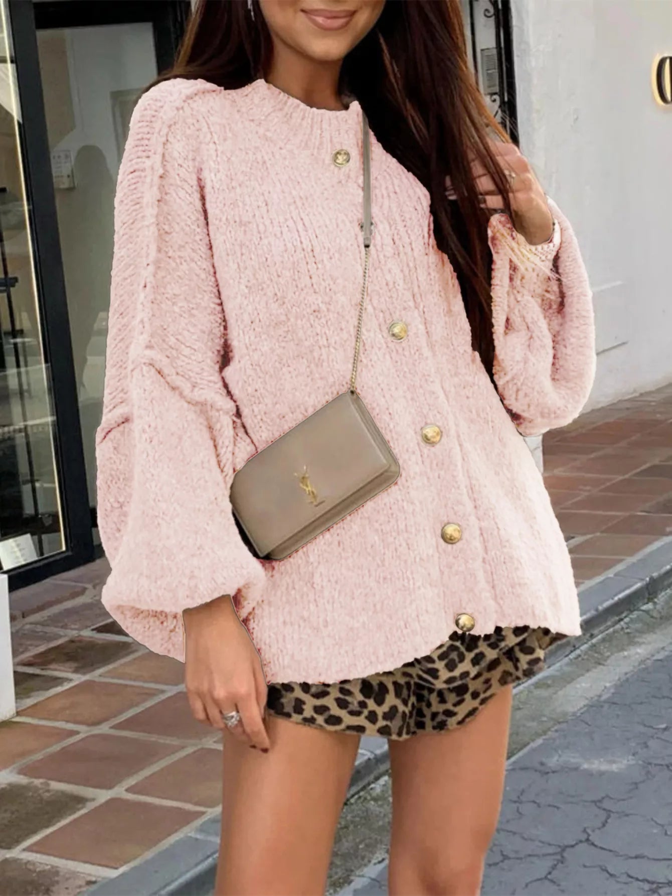 Oversized Knit Button-Down Batwing Sleeve Cardigan OutfitFlow