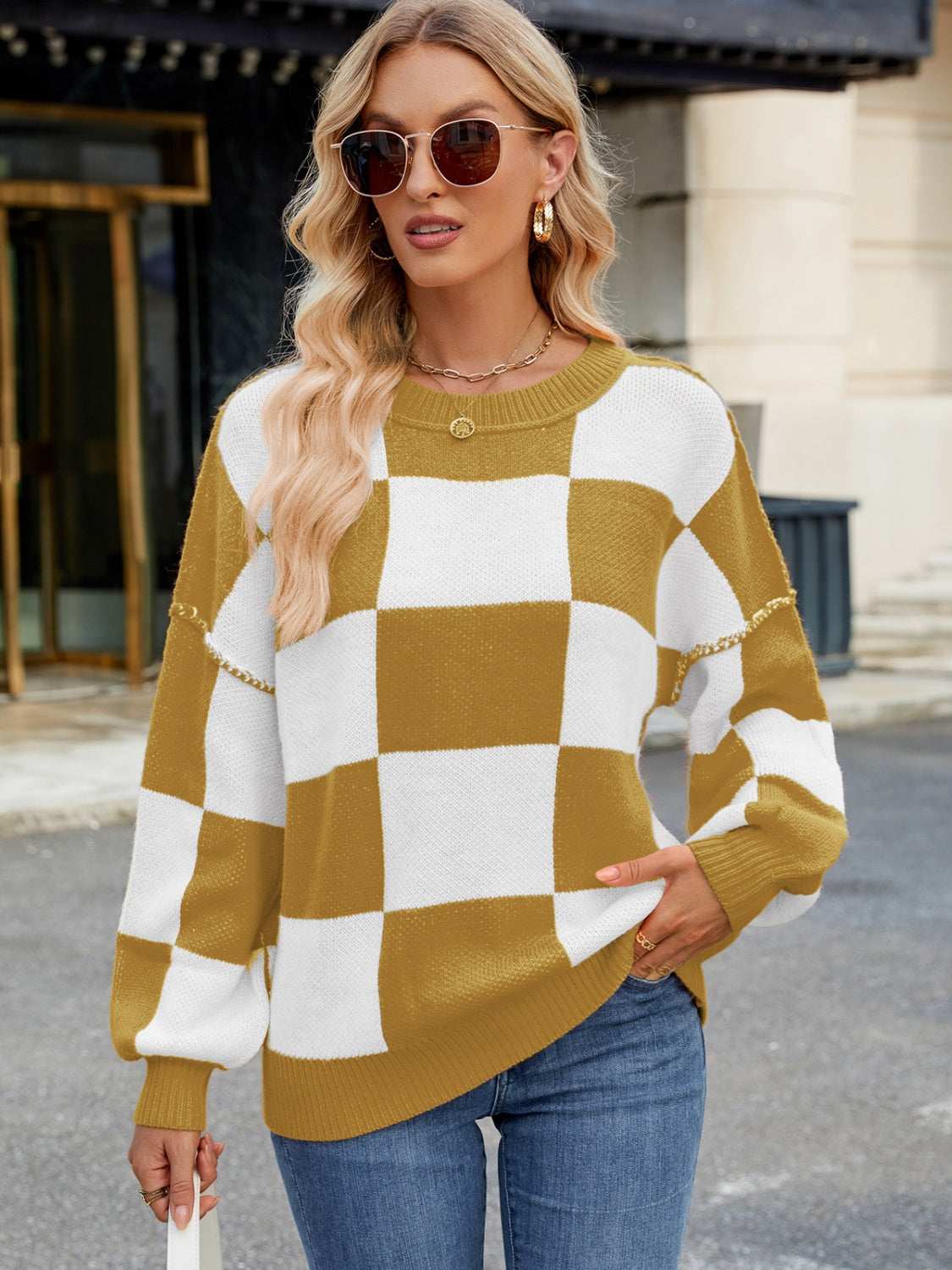 Outfit Flow - Checkered Round Neck Long Sleeve Sweater