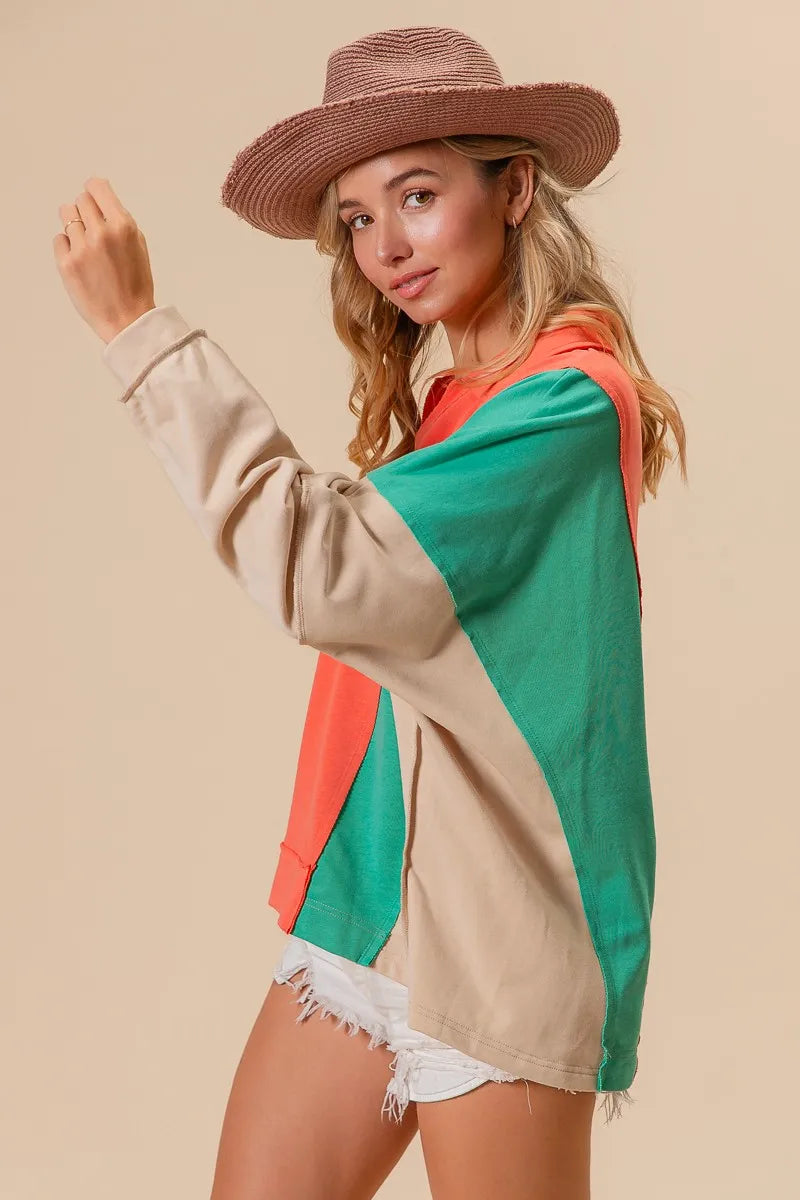 BiBi Colorblock Exposed Seam French Terry Sweatshirt OutfitFlow