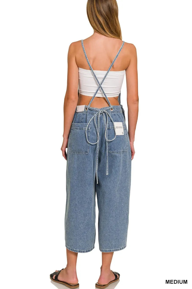 Zenana Denim Medium Washed Wide Leg Overalls Trendsi
