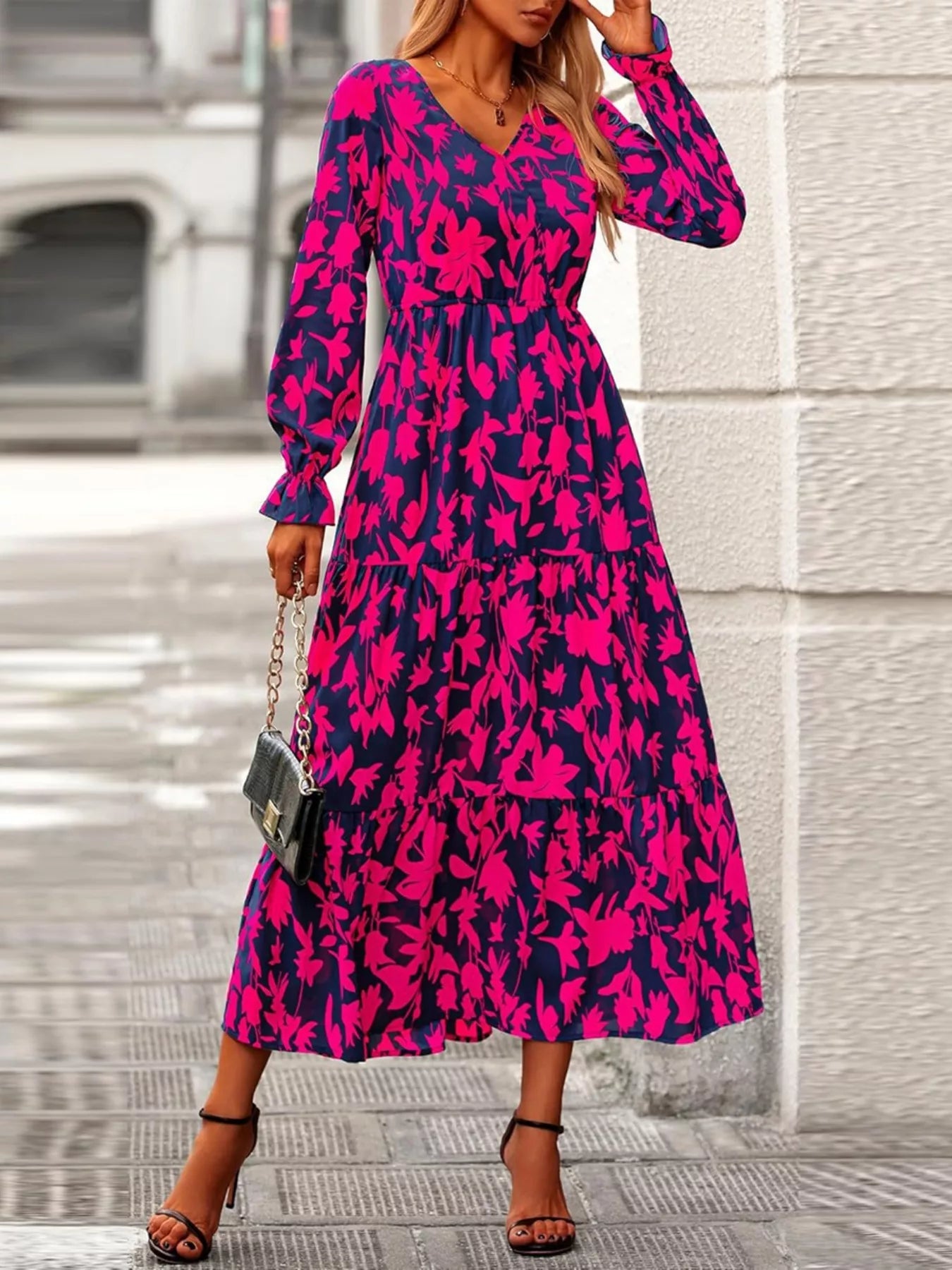 Printed V-Neck Flounce Sleeve Tiered Midi Dress OutfitFlow