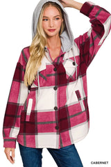 Zenana Plaid Drawstring Hooded Fleece Shacket Trendsi