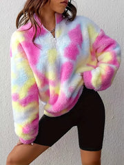 Tie-Dye Fuzzy Quarter Zip Sweatshirt Fuchsia Pink OutfitFlow