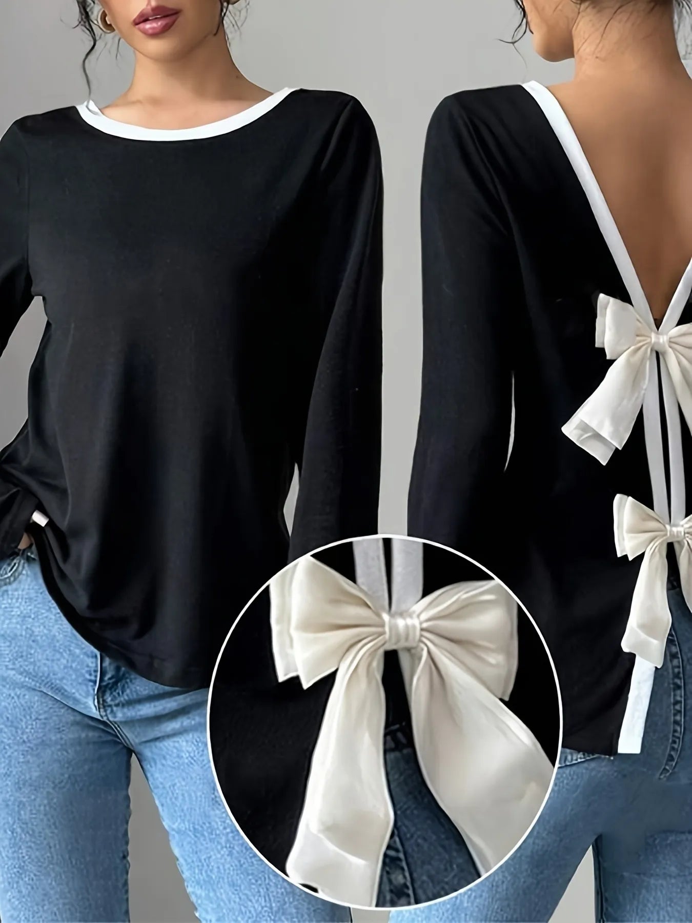 Long Sleeve Bow Tie Back T-Shirt OutfitFlow
