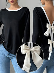 Long Sleeve Bow Tie Back T-Shirt OutfitFlow