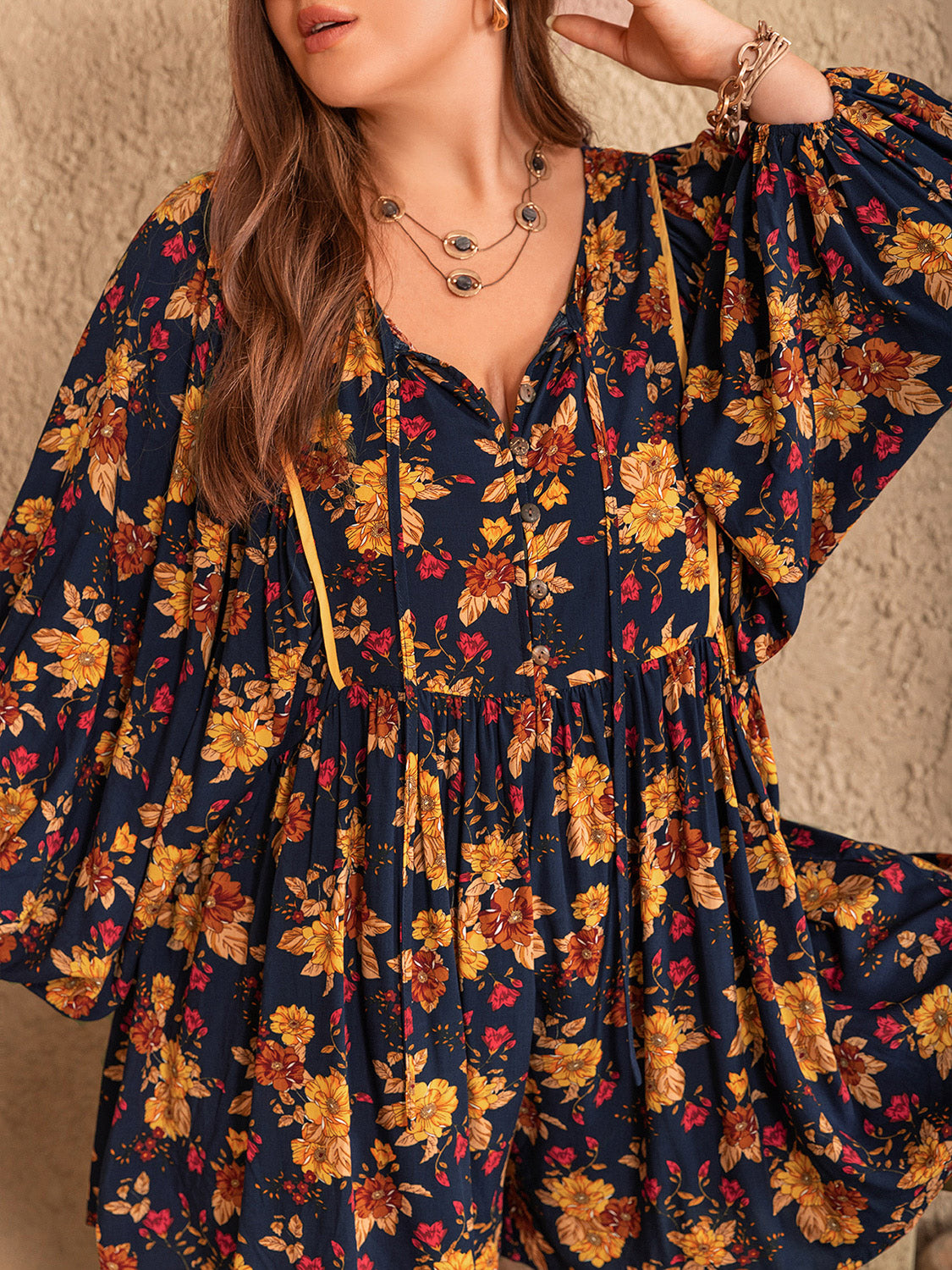 Outfit Flow - Plus Size Floral Tie Neck Balloon Sleeve Romper