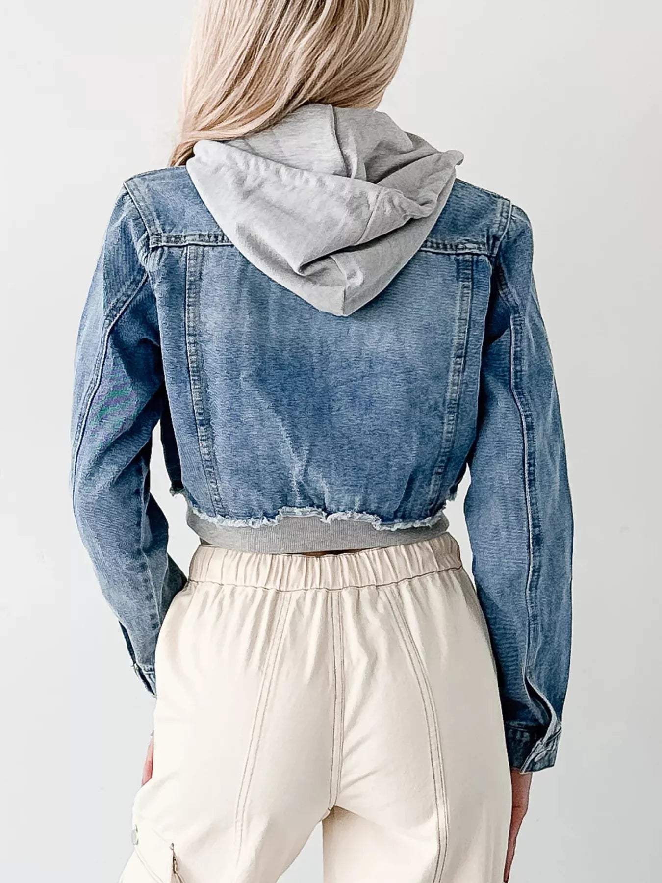 Distressed Zip Up Cropped Hooded Denim Jacket OutfitFlow