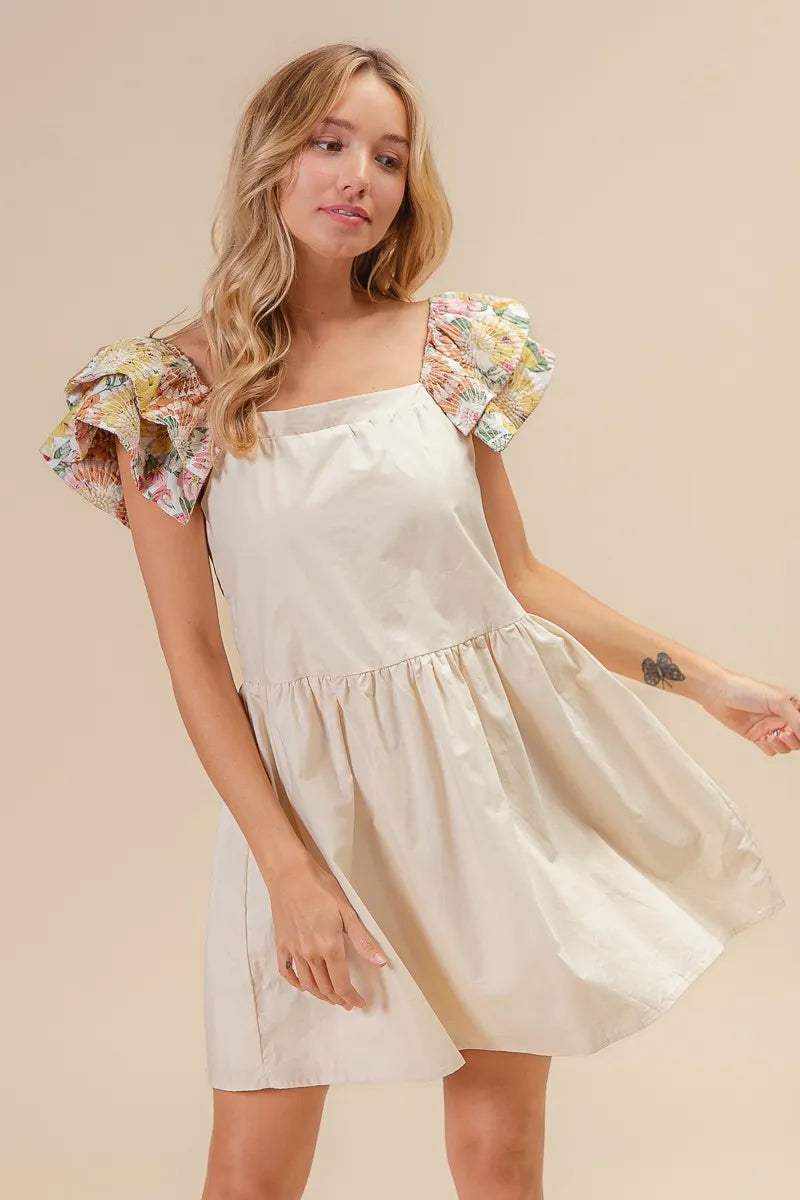 BiBi Flower Embroidered Floral Print Sleeve Dress OutfitFlow