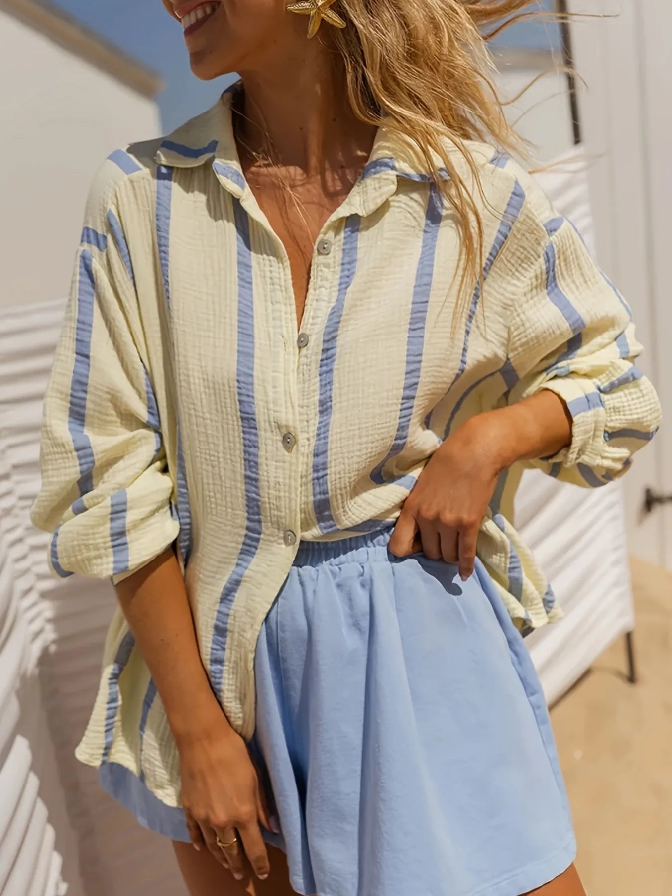 Striped Button Up Long Sleeve Shirt OutfitFlow