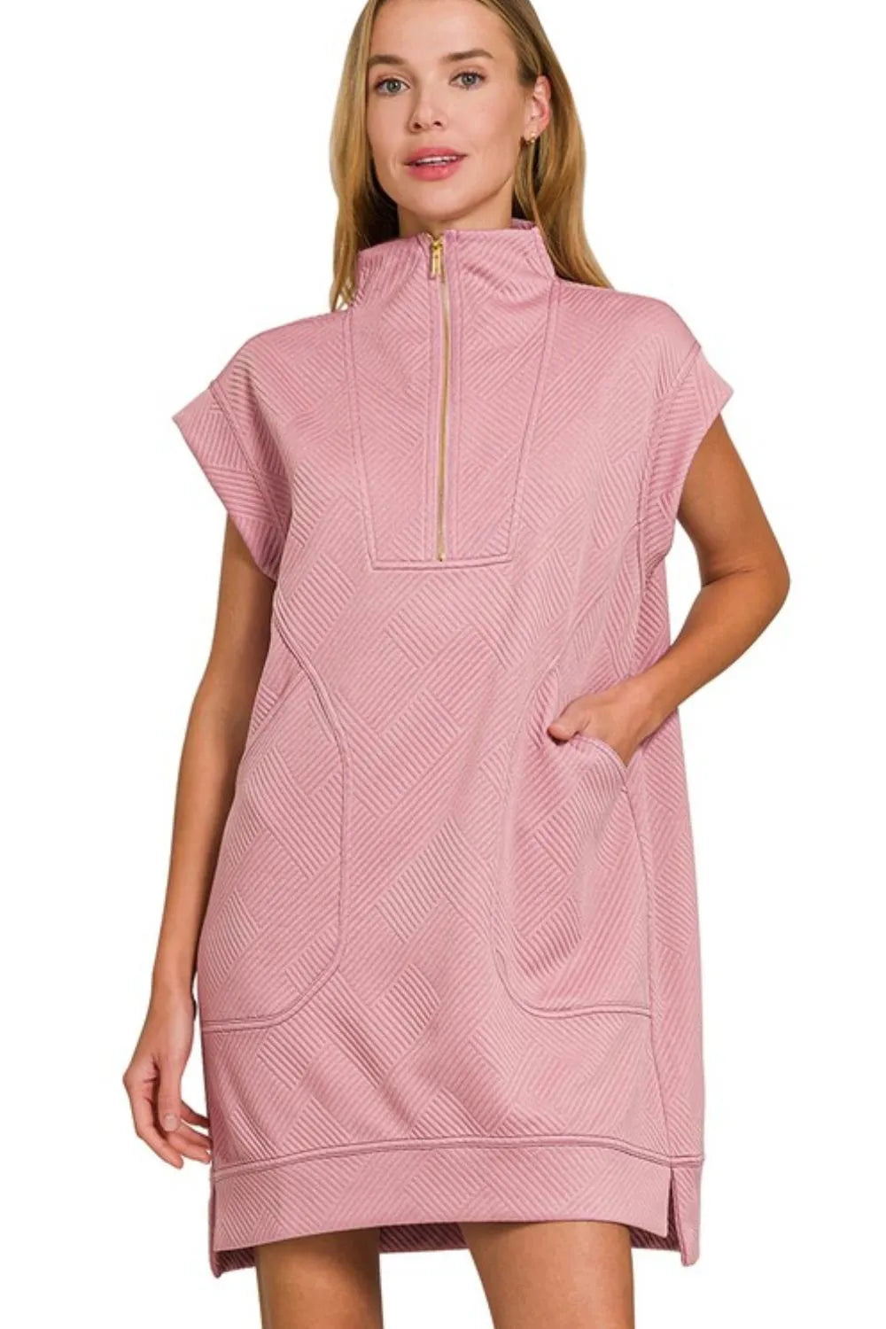Zenana Textured Knit Jacquard Quarter Zipper Mini Dress OutfitFlow