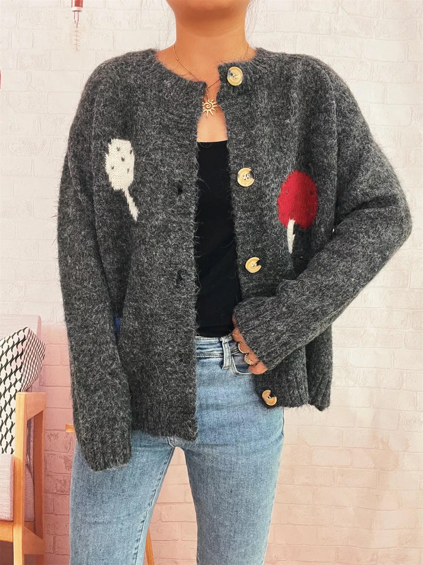 Mushroom Pattern Button-Up Cozy Knit Cardigan OutfitFlow
