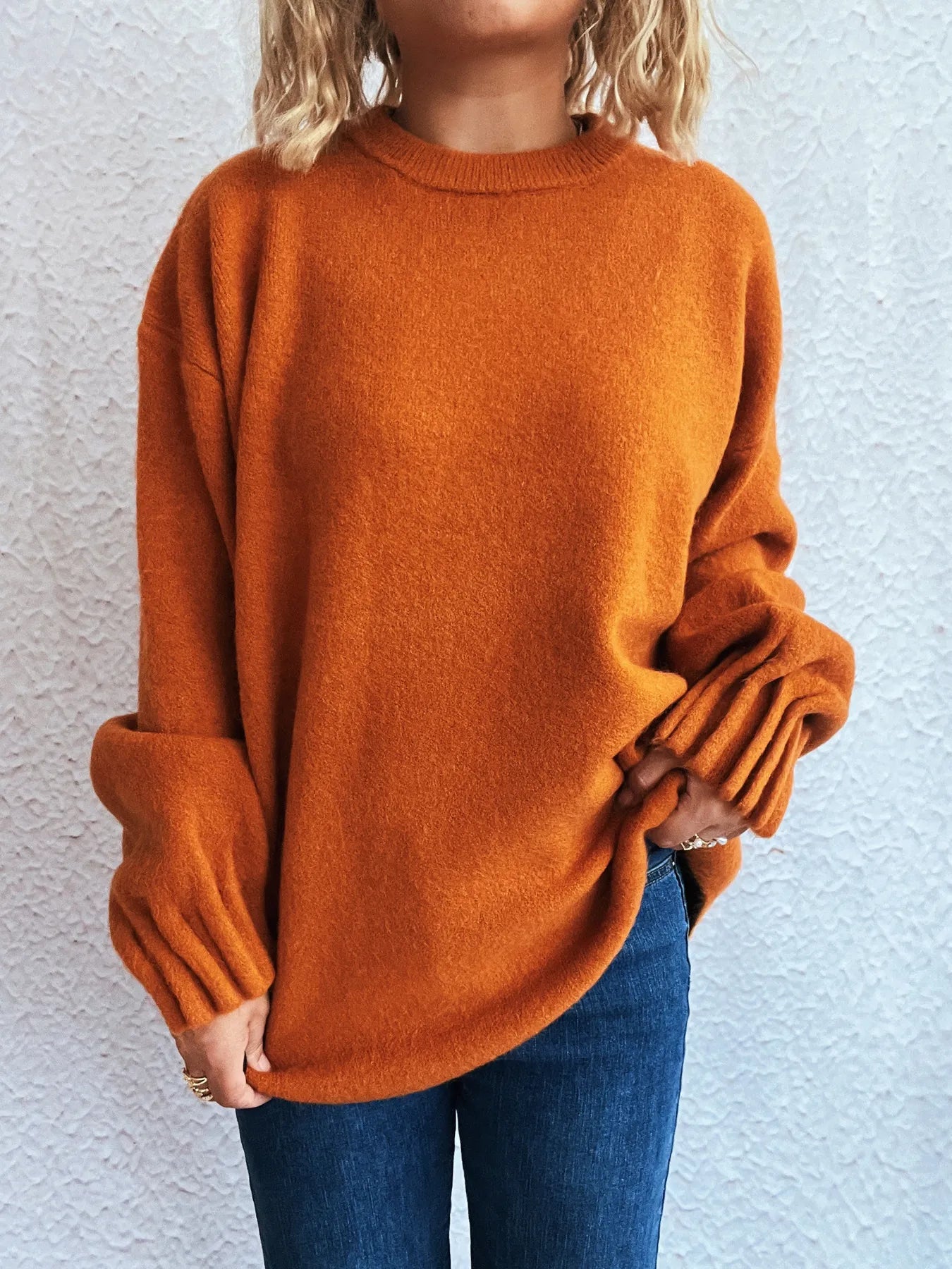 Round Neck Dropped Shoulder Sweater OutfitFlow