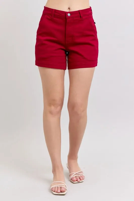 Judy Blue Full Size High Waist Tummy Control Garment Dyed Heart Shaped Denim Shorts Plus Size SCARLET OutfitFlow