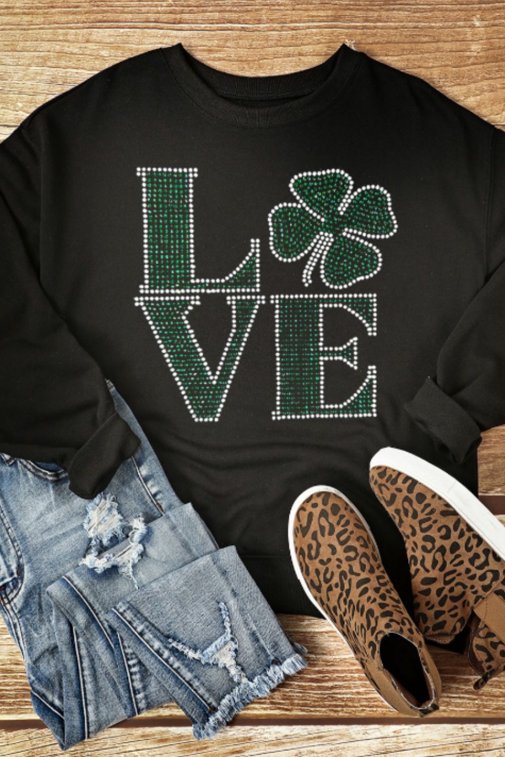 LOVE Rhinestone Clover Round Neck Sweatshirt OutfitFlow