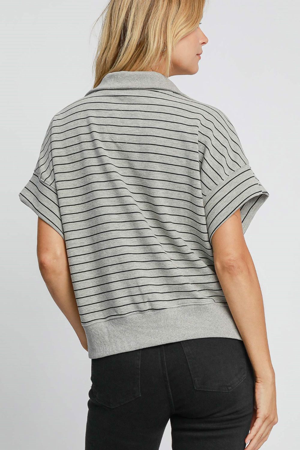 Outfit Flow - Umgee Striped Half Zip Short Sleeve Sweatshirt