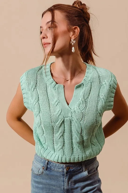 SO ME Notched Neck Cable Knit Sweater Vest OutfitFlow