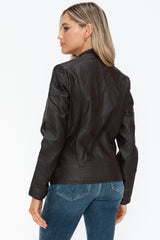 Outfit Flow - Snobbish Faux Leather Biker Jacket with Side Zip Pockets