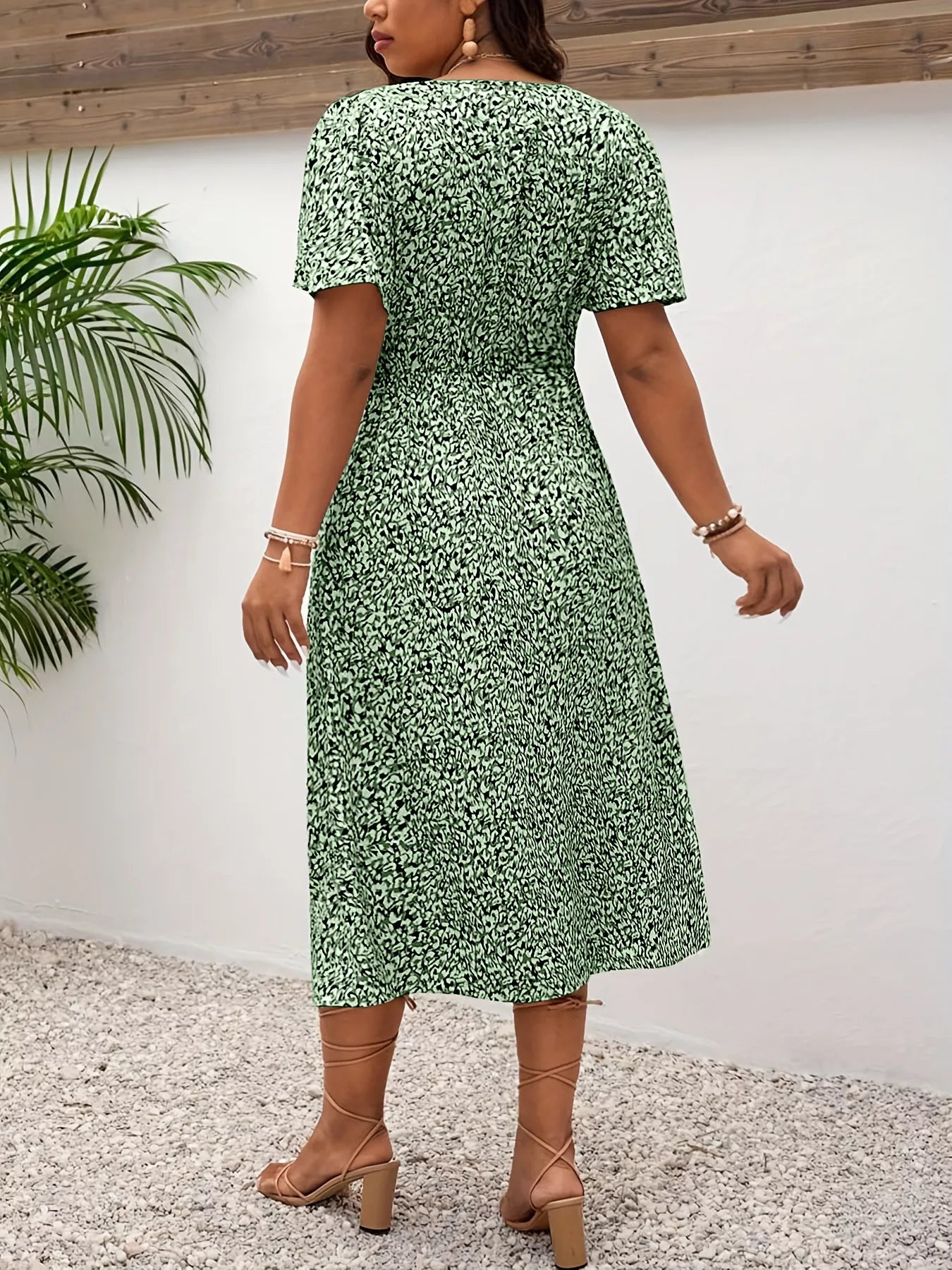 Plus Size Printed V-Neck Short Sleeve Midi Dress OutfitFlow