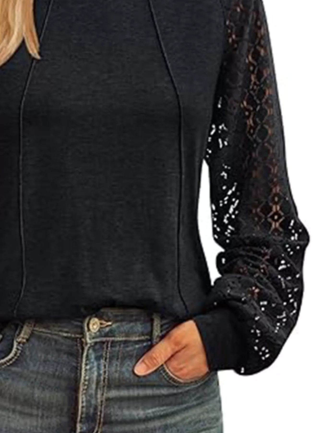 Round Neck Lace Sleeve Blouse OutfitFlow