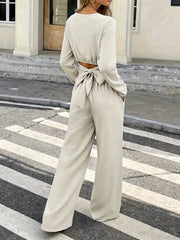 Long Sleeve Crop Top and Wide Leg Pants Set OutfitFlow