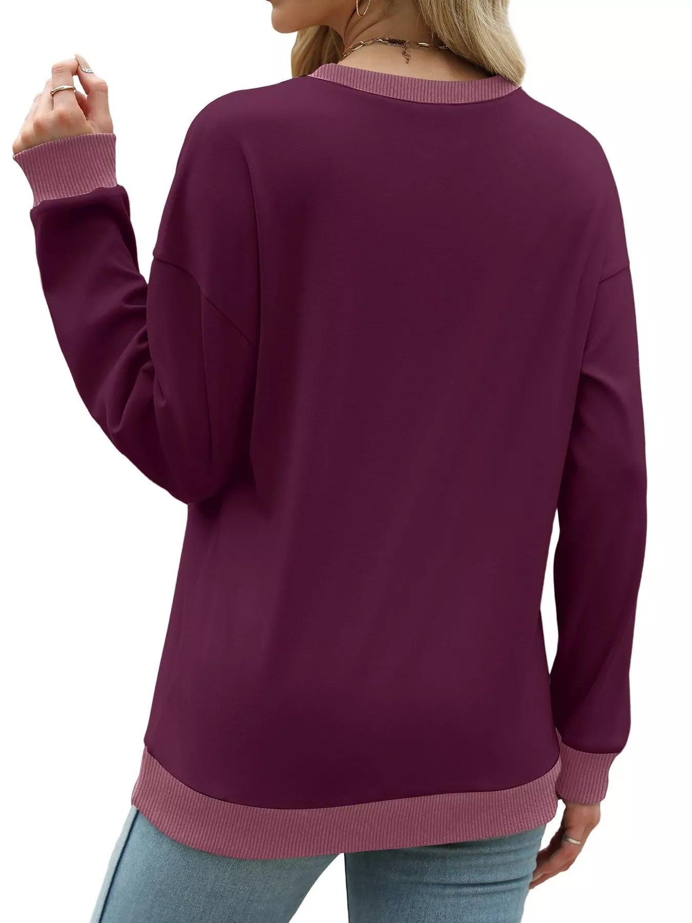 Contrast Trim Crew Neck Casual Sweatshirt OutfitFlow